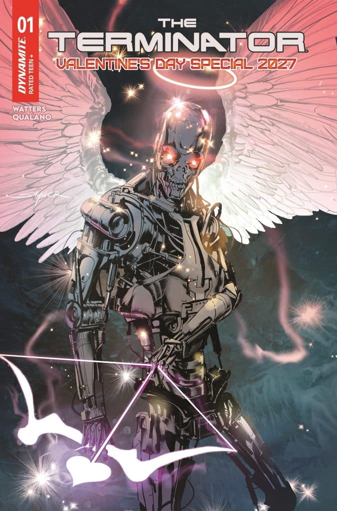 Cover of 'The Terminator: Valentine's Day Special 2027' comic featuring a robotic figure with angel wings holding a bow and arrow, surrounded by sparks and hearts.