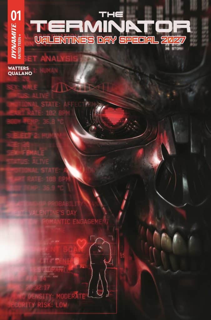 A digital comic cover for 'The Terminator: Valentine's Day Special 2027', featuring a robotic skull with a red background. The design includes biometric data and a holographic image of a couple holding hands with a heart symbol.