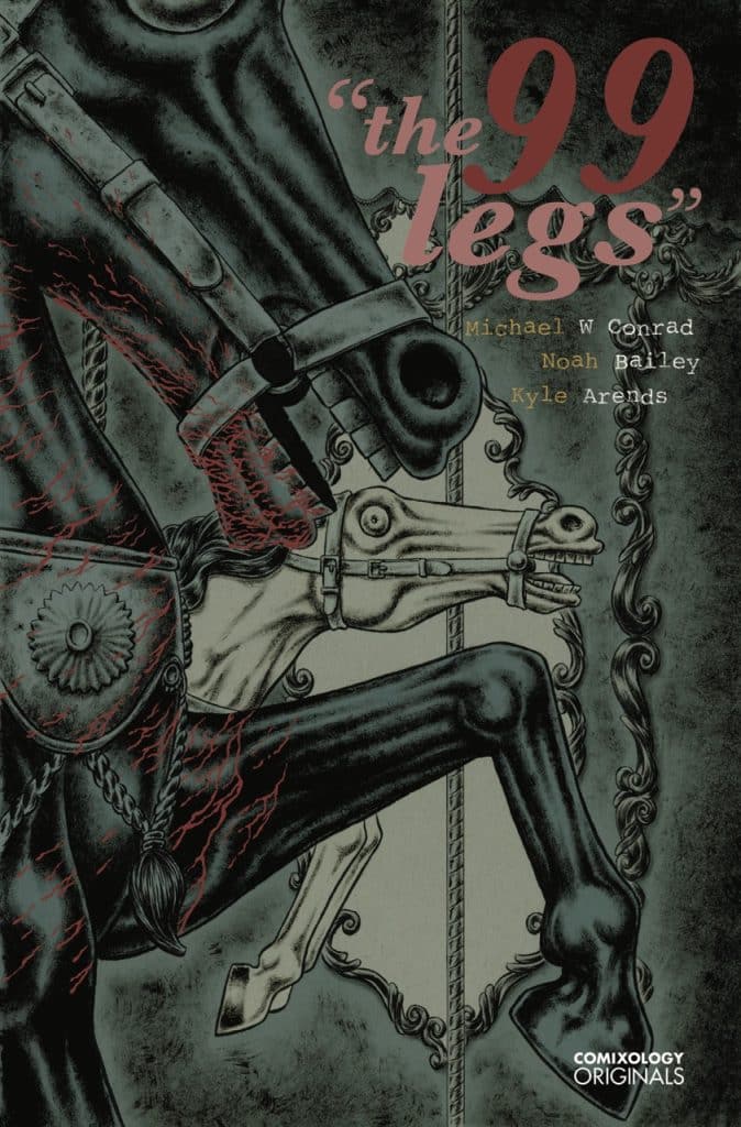 Cover of the comic 'The 99 Legs' featuring a stylized illustration of a black carousel horse and a white carousel horse, with prominent red accents and bold title text.