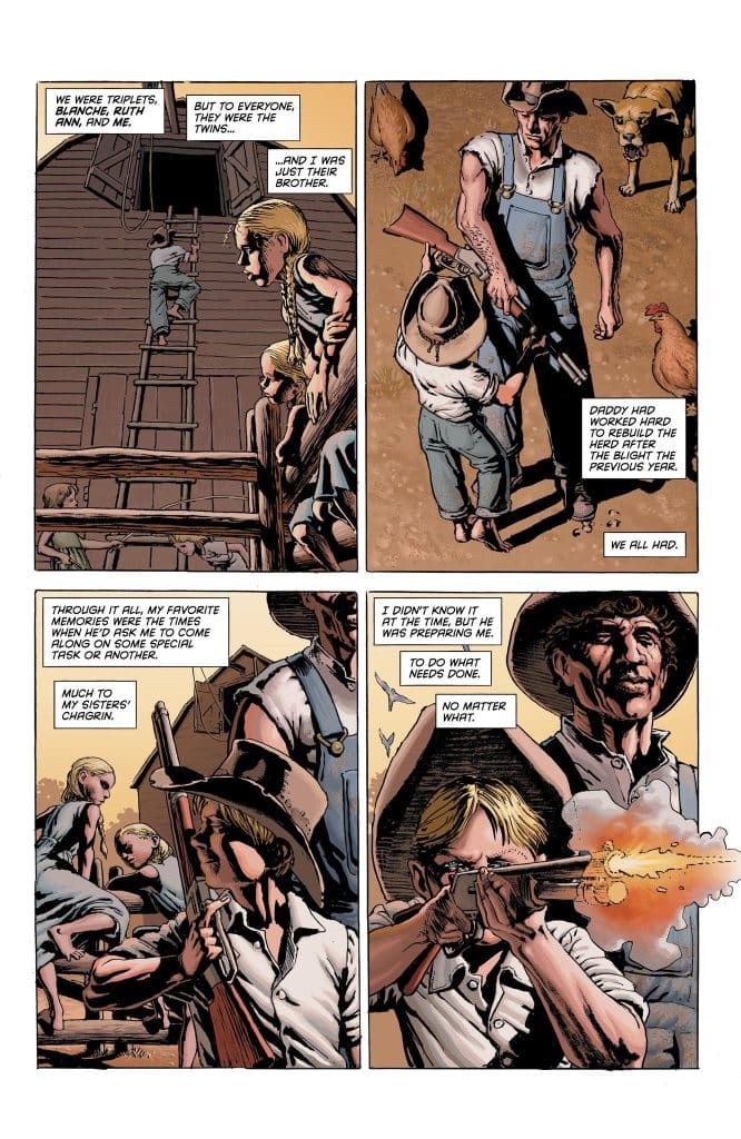 A comic panel depicting a family on a farm, with children and adults engaged in various activities. One child climbs a ladder, while another holds a rifle, preparing to shoot. The scene evokes themes of family dynamics and rural life.