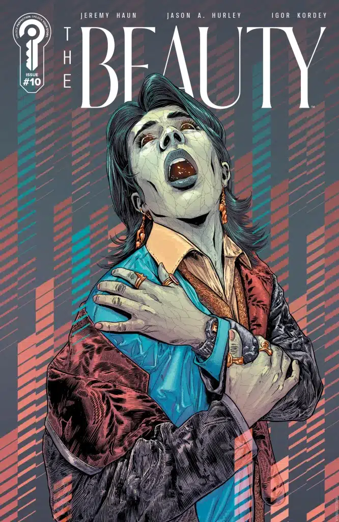 Comic book cover featuring a stylized figure with long hair and an open mouth, wearing colorful clothing and jewelry, against a backdrop of abstract patterns. The title 'The Beauty' is prominently displayed.