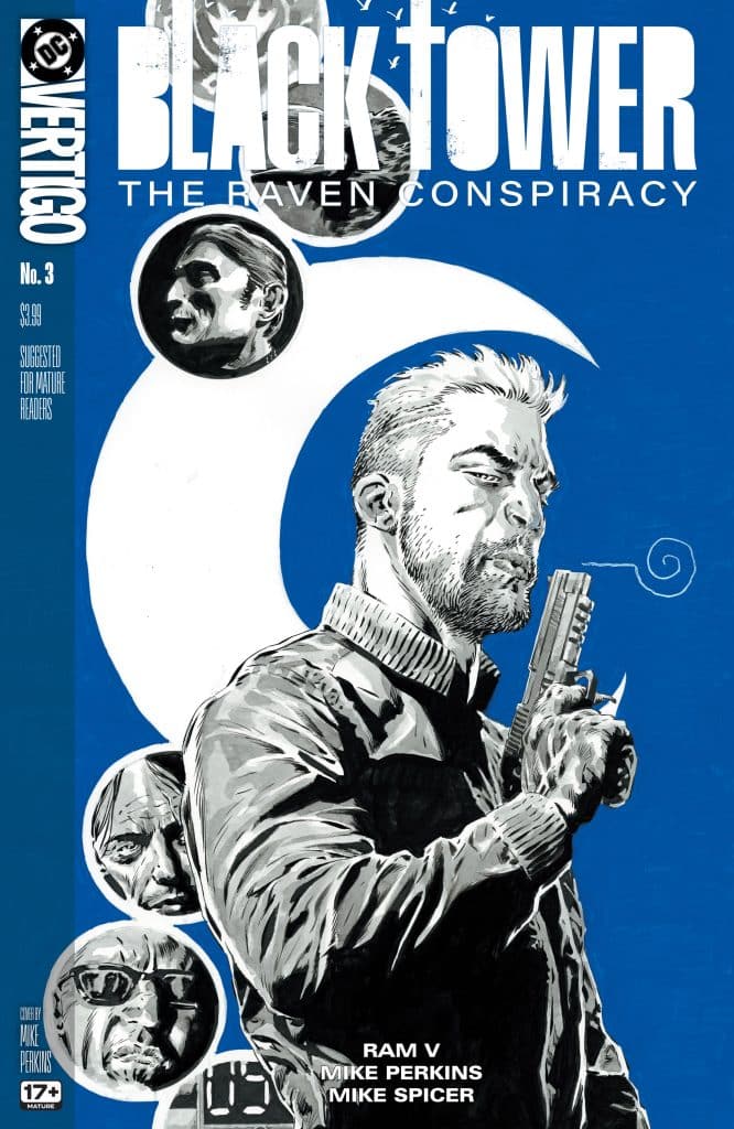 Cover of 'Black Tower: The Raven Conspiracy' comic book featuring a muscular man with a firearm, surrounded by circular portraits of other characters, all in a monochromatic blue and white design.