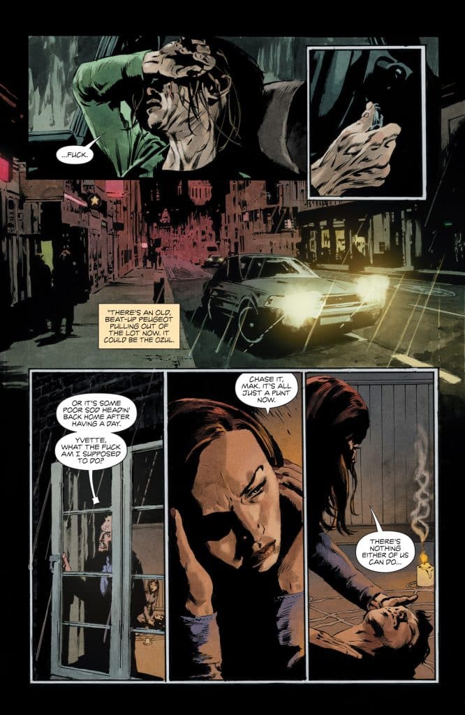 A dramatic comic book panel featuring a distressed character with long hair in a green shirt, expressing frustration, with scenes of a busy city street in the background and a car in the foreground.