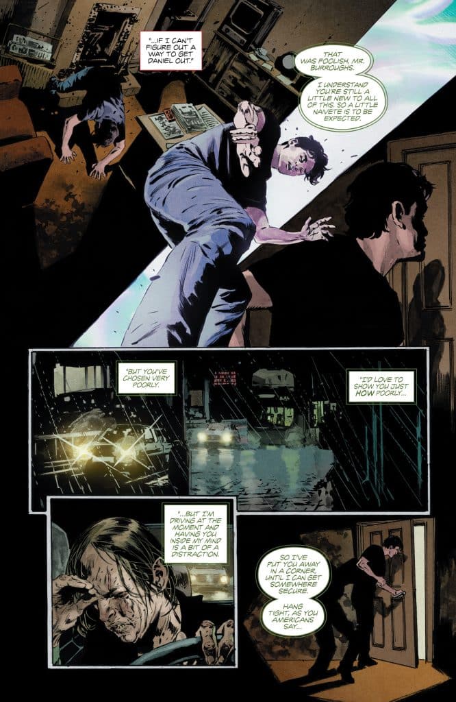 A comic book panel depicting two characters in a tense conversation in a dimly lit room. One character appears distressed while the other is assertively addressing him. In the background, there's a rainy scene with cars and reflections, adding to the mood of urgency and tension.
