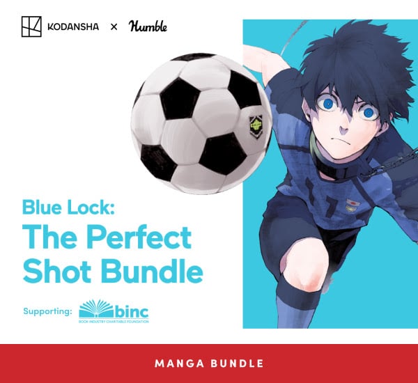 Promotional image for 'Blue Lock: The Perfect Shot Bundle' featuring an anime character in a soccer uniform and a soccer ball, supporting BINC.