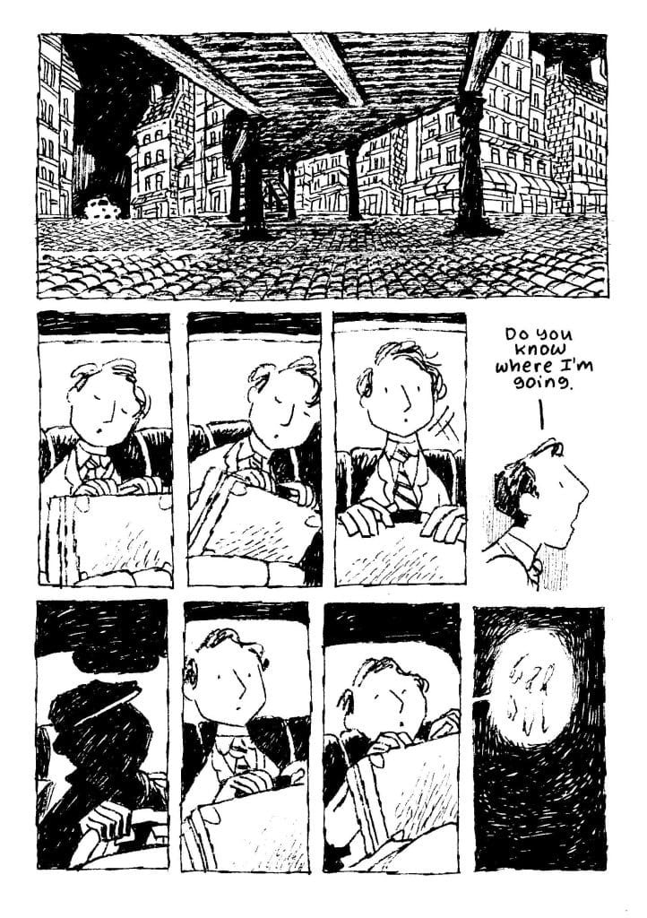 A black and white comic panel showing a perspective under a structure, revealing a cityscape in the background. The subsequent panels depict a character in a vehicle, looking contemplative while asking a question about their destination.