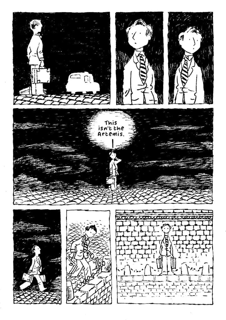 A black and white comic strip featuring a young man in a suit and tie, holding a briefcase. The first panel shows him standing in a street near a car, appearing confused. The second panel has him looking puzzled. In the third panel, a speech bubble states, 'This isn't the Artemis.' The fourth panel shows him walking on cobblestones, while the final panels depict him navigating a wall and looking uncertain.