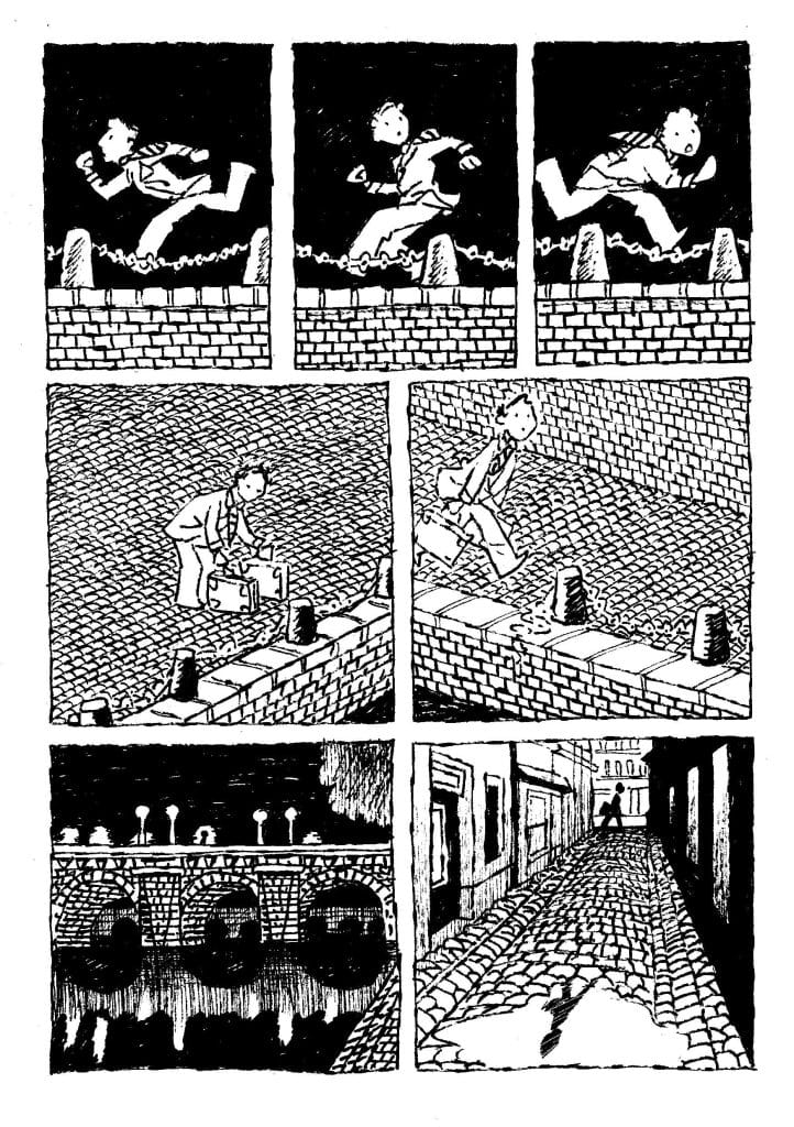 A comic strip depicting a character running through a series of obstacles, including a brick wall and chains, followed by a scene of navigating cobblestones with a suitcase, and ending with a shadowy figure in an alleyway.