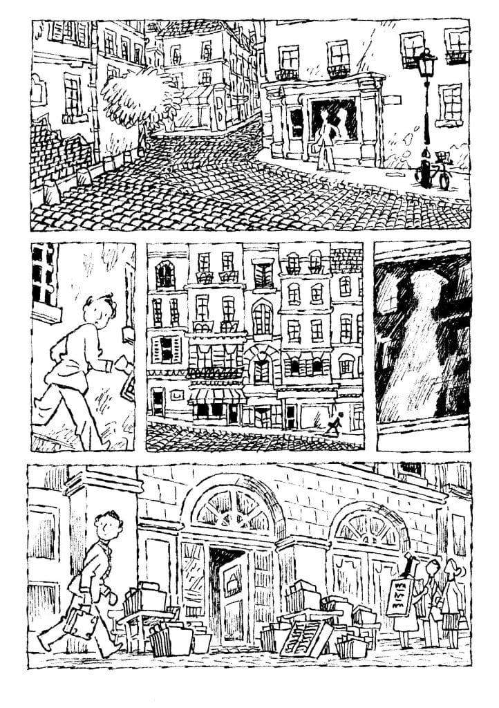 A street scene with cobblestone pavement, featuring buildings, trees, and a person looking into a shop window.