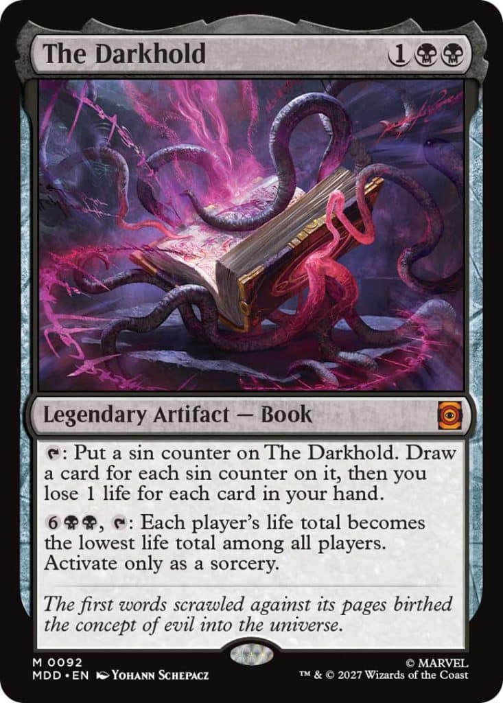 Illustration of 'The Darkhold,' a legendary artifact book from a card game, featuring dark, mystical energy and tentacles surrounding the book with a colorful background.