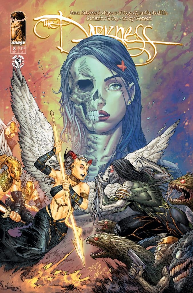 Comic book cover featuring a woman with a half-skeleton face and an ethereal background, surrounded by armored figures and mythical creatures engaged in battle.