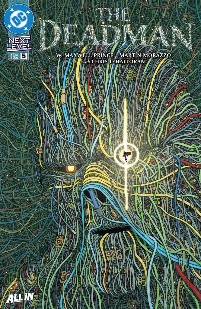 Comic book cover featuring a stylized depiction of a figure made of colorful wires and circuits, with an intense expression, surrounded by a dark green background. The title 'The Deadman' appears at the top with the names of the creators below.