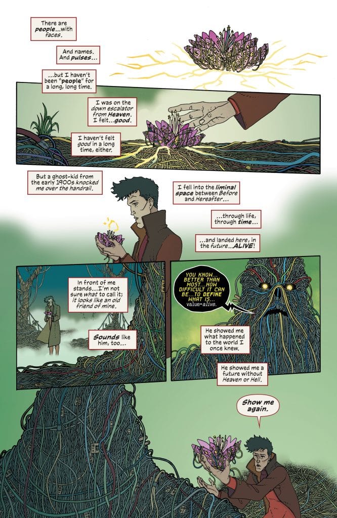 A graphic scene depicting a character standing in a surreal landscape filled with vines and roots. The character holds a cluster of colorful flowers while interacting with a ghostly figure. Speech bubbles illustrate their conversation about existence, life, and the notion of being alive.