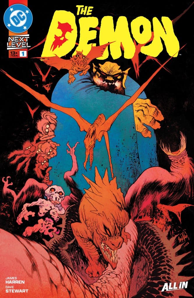 Comic book cover featuring 'The Demon' title in bold yellow letters, surrounded by various monstrous creatures in dynamic poses against a dark background.