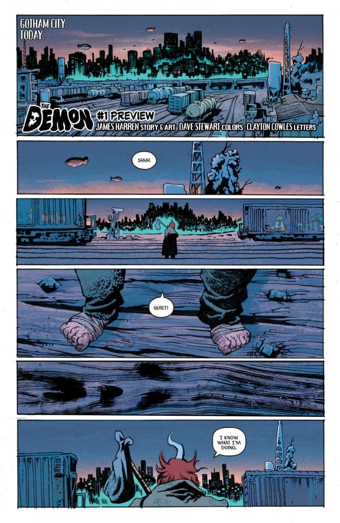 Comic book preview page featuring Gotham City with a dark and moody skyline. The first panel shows a background of the city with floating objects. The second panel depicts a figure standing in an empty industrial area, seen from the back, with a focus on their feet. The third panel shows a closer view of the figure's feet on the ground. In the fourth panel, the figure is seen from behind, looking over the city, accompanied by dialogue bubbles indicating a conversation.