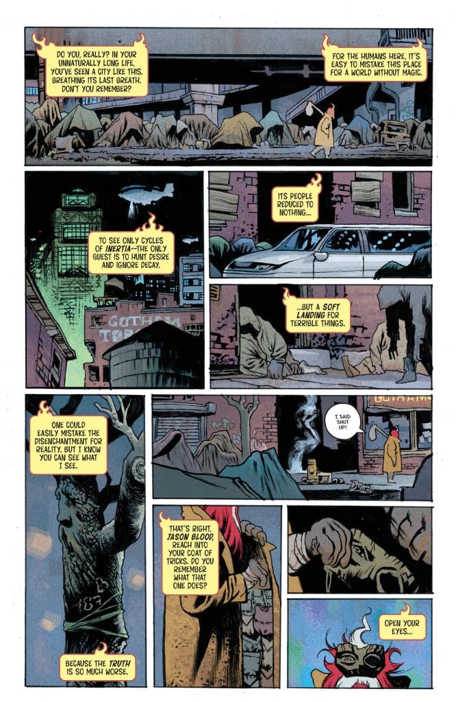 Comic book panel featuring a dark, gritty urban landscape with debris and abandoned vehicles.