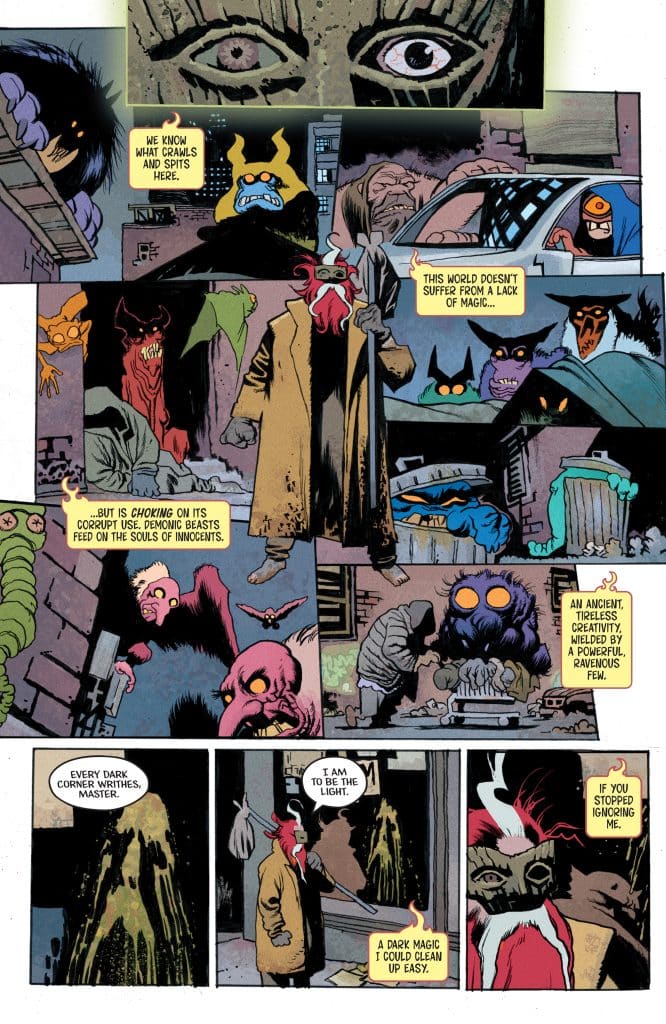 A comic book page featuring various characters in a dark setting, including a menacing figure in a cloak, creatures with grotesque features, and dialogue about magic and dark forces. The illustrations depict a sinister atmosphere with hints of supernatural themes.