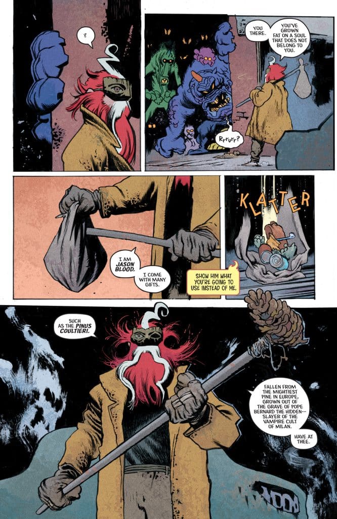 A comic book panel featuring a character with red hair and a mask, wearing a brown coat, holding a staff and a bag. In the background, two colorful, monster-like creatures are visible. The character appears to be in a conversation with another figure, expressing a sense of identity and purpose.