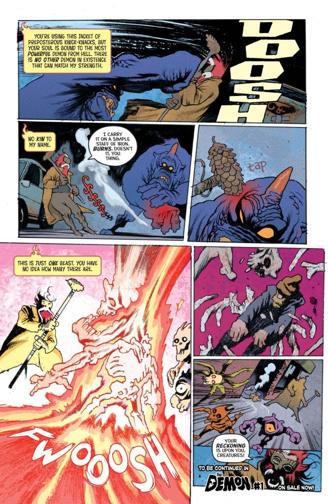 A comic panel depicting a confrontation with a powerful demon and a character wielding a staff. The scene features vibrant action with dynamic text effects illustrating sounds like 'DOOSH' and 'FWOOOSH.' Characters are shown in various poses of battle, highlighting the supernatural theme.