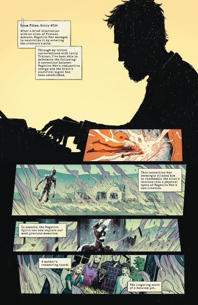 A comic book page featuring a silhouetted figure at a keyboard, illustrating entries about the connection between Negative Man and an alien creature.
