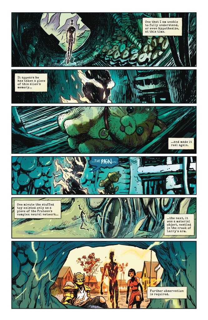 A comic book page depicting a series of illustrated panels. The first panel shows a shadowy figure walking through a tunnel. The second features a creature resembling a stuffed toy with big eyes. The third panel reveals an abstract representation of a neural network. The final panel shows a scene with a humanoid figure, a woman, and a detailed background of houses.