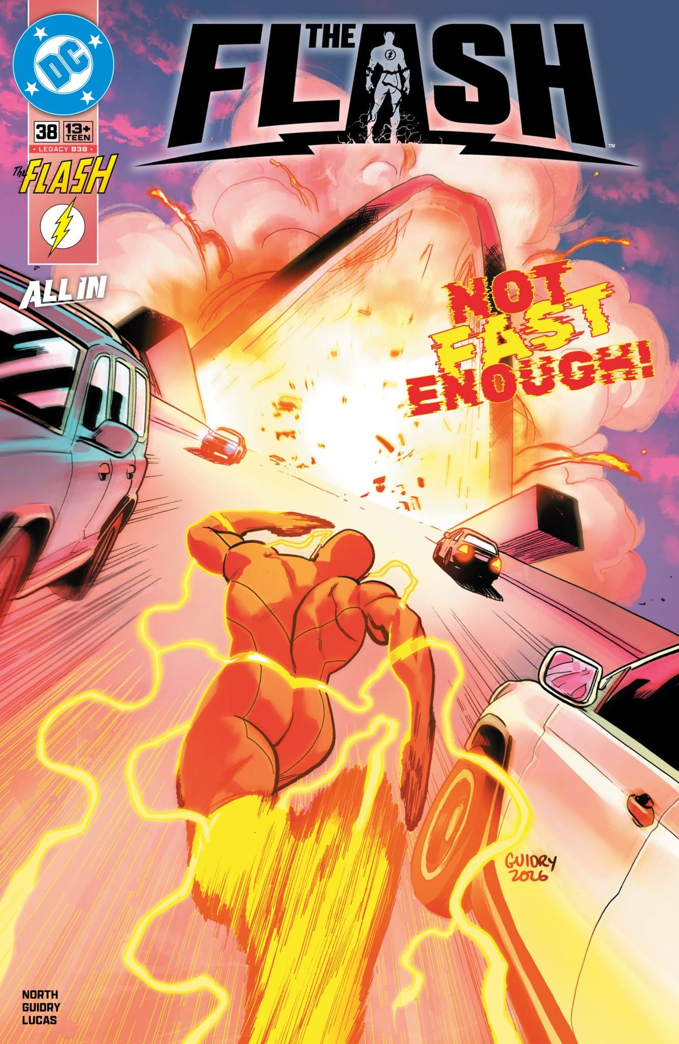 Comic book cover featuring The Flash racing towards an explosion, with the text 'NOT FAST ENOUGH!' prominently displayed. The background depicts cars and a dramatic scene.
