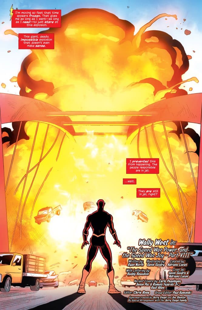 A silhouette of a superhero standing in front of a massive explosion, with cars in the foreground. Dialogue boxes indicate the hero's thoughts about moving quickly and the consequences of the explosion.