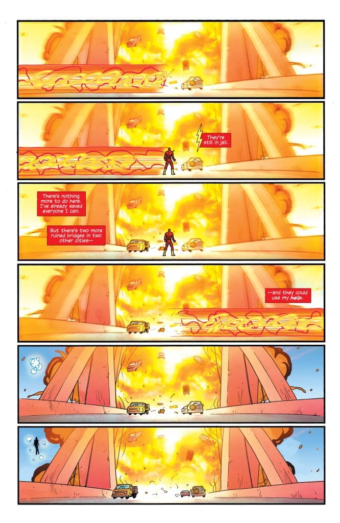 Comic panel depicting a character standing near a city bridge engulfed in flames and debris, with dialogue expressing concern about people still being in jail and the need for help.