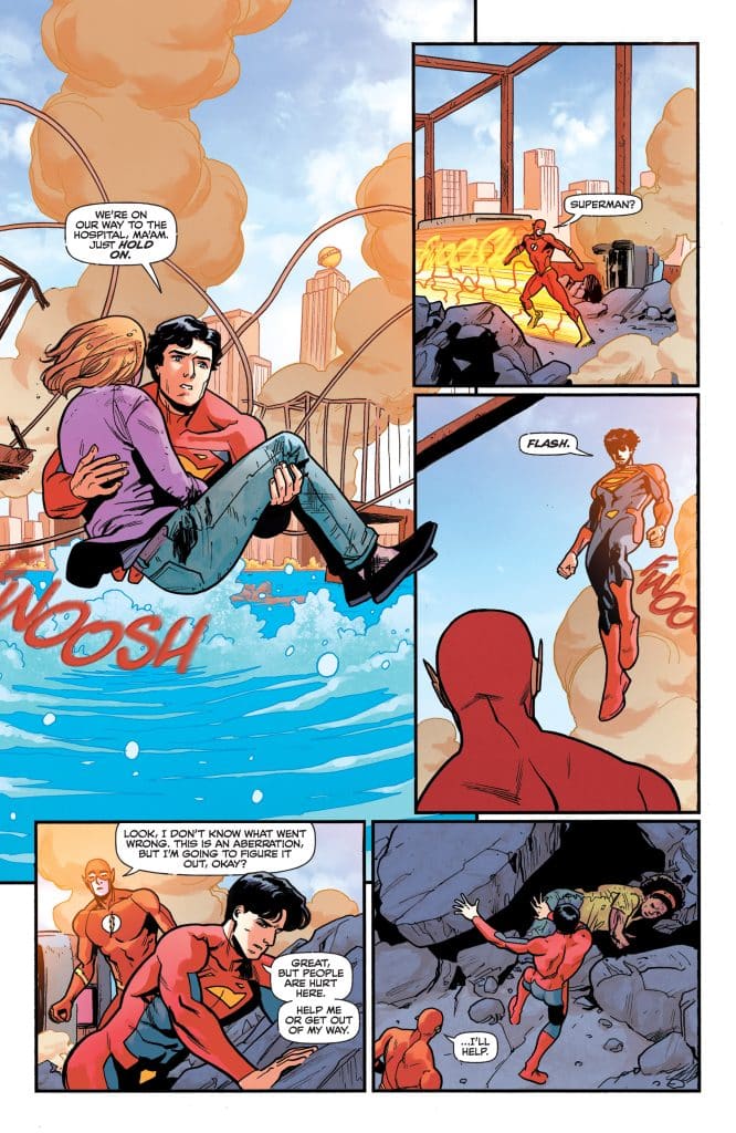 A comic book panel depicting Superman rescuing a woman in distress while Flash and another character look on. The background shows destruction with smoke, debris, and a city skyline.