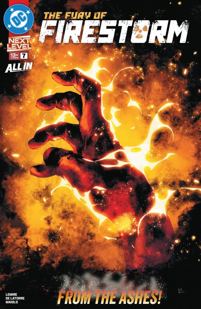 A dynamic comic book cover featuring a fiery hand reaching out against a backdrop of flames, with the title 'The Fury of Firestorm' prominently displayed, along with the text 'From the Ashes!'.