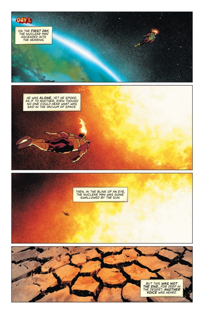 A comic panel depicting a character named 'the nuclear man' flying in space near Earth, with text describing his isolation and thoughts.