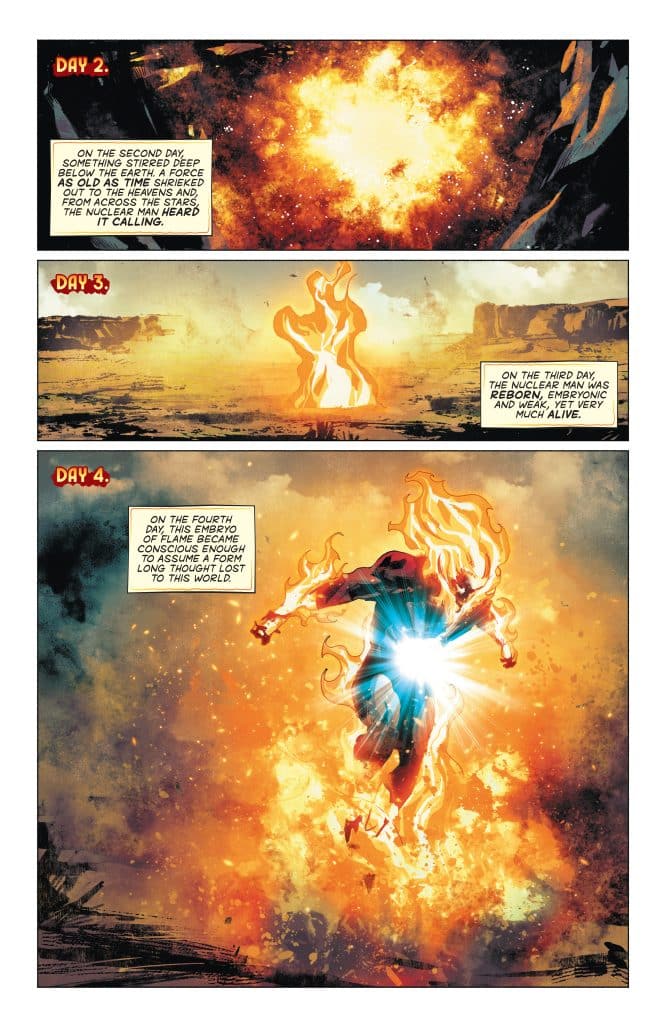 A comic panel depicting a fiery explosion representing a primordial force on the second day, with text describing a nuclear man hearing a calling.