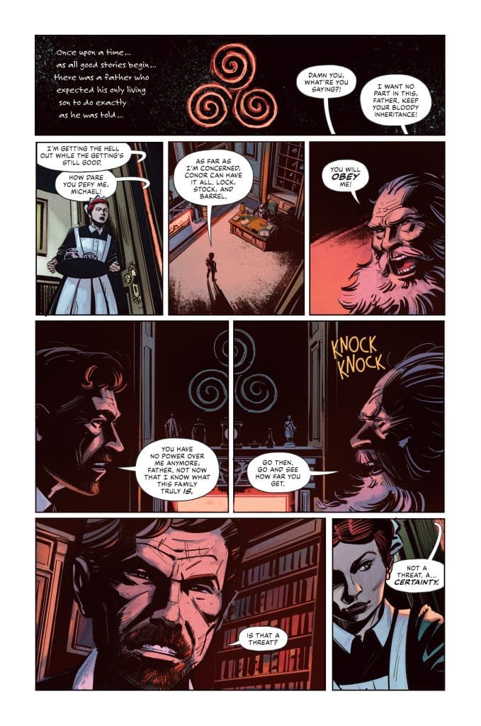 A comic page featuring dramatic dialogue between a father and son, with the son expressing defiance and the father exhibiting anger. The scene includes dark backgrounds and a tense atmosphere, showcasing a family conflict. Comic panels depict the characters' emotions and interactions with speech bubbles.