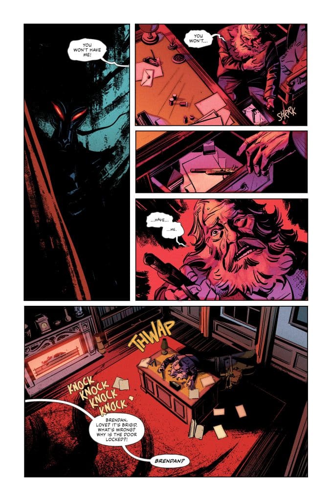 A dark, suspenseful comic panel featuring a shadowy figure with red eyes and a distressed character at a desk surrounded by scattered papers.