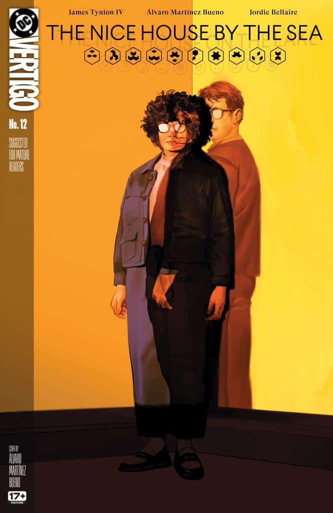Cover of 'The Nice House by the Sea' issue #12 featuring two characters in contrasting poses against an orange background.