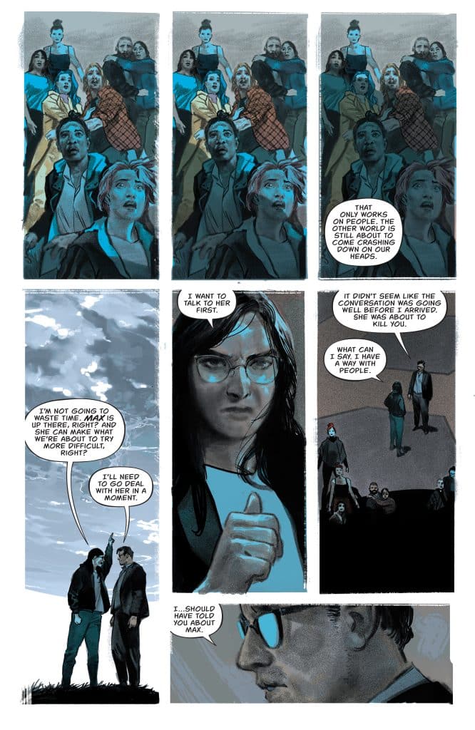 Comic panel with multiple characters in dramatic poses, discussing a tense situation.