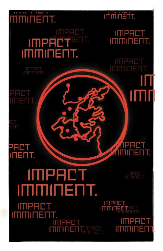 A graphic featuring a circular outline of a region with a red neon glow, surrounded by repeated text saying 'IMPACT IMMINENT.' in various sizes and styles on a black background.