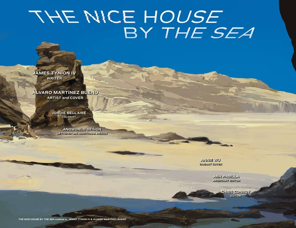 Cover art for 'The Nice House by the Sea' featuring a coastal landscape with rocks and sandy beach, listing creators including James Tynion IV, Alvaro Martinez Bueno, and others.