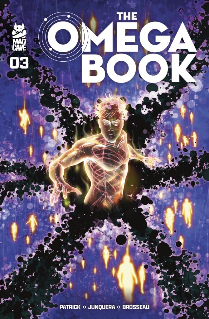 Cover of 'The Omega Book' Issue 3 featuring a glowing figure with an intricate energy pattern against a cosmic background of swirling colors and silhouettes.