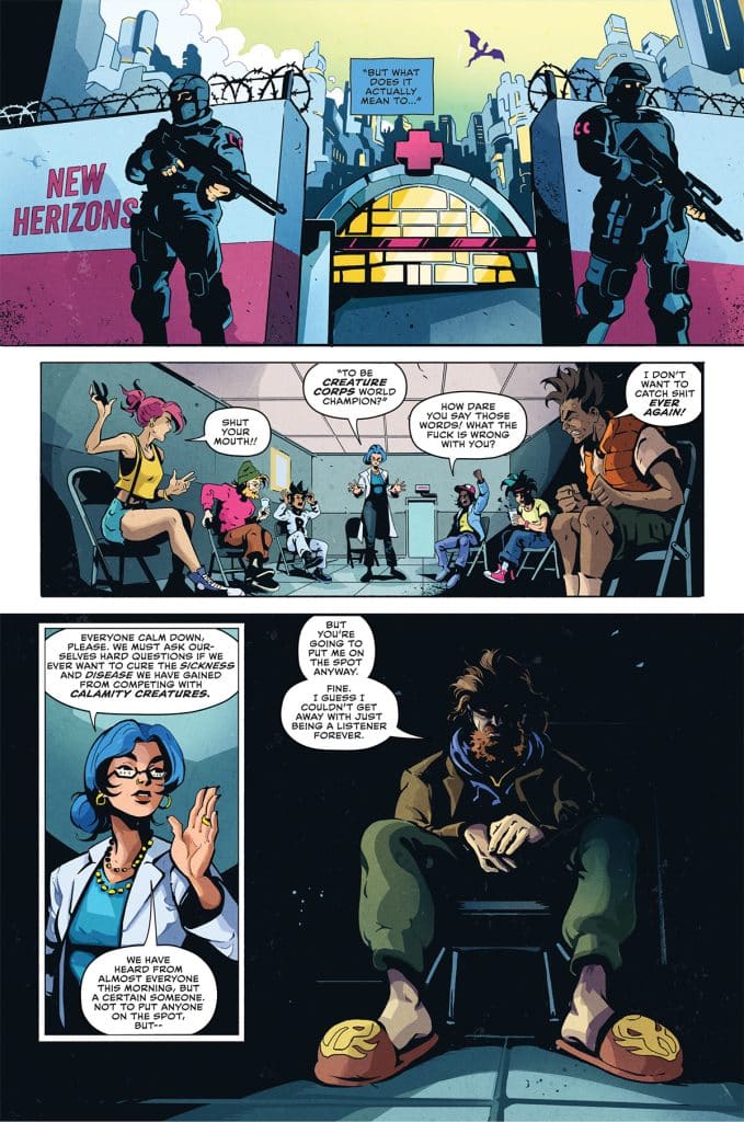 A comic book scene depicting a dialogue in a futuristic setting with armed guards and a medical facility named 'New Horizons.' Characters are engaged in a heated conversation, with a mix of frustration and concern. A woman in a lab coat tries to maintain order, while others express their frustrations. The setting conveys a sense of urgency and tension.