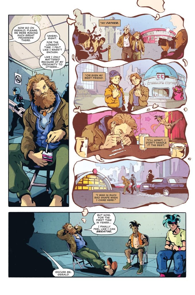 A comic book page featuring a dialogue between characters. One character, a bearded man, expresses his feelings about his past and relationships, while other characters listen or interact in various settings.