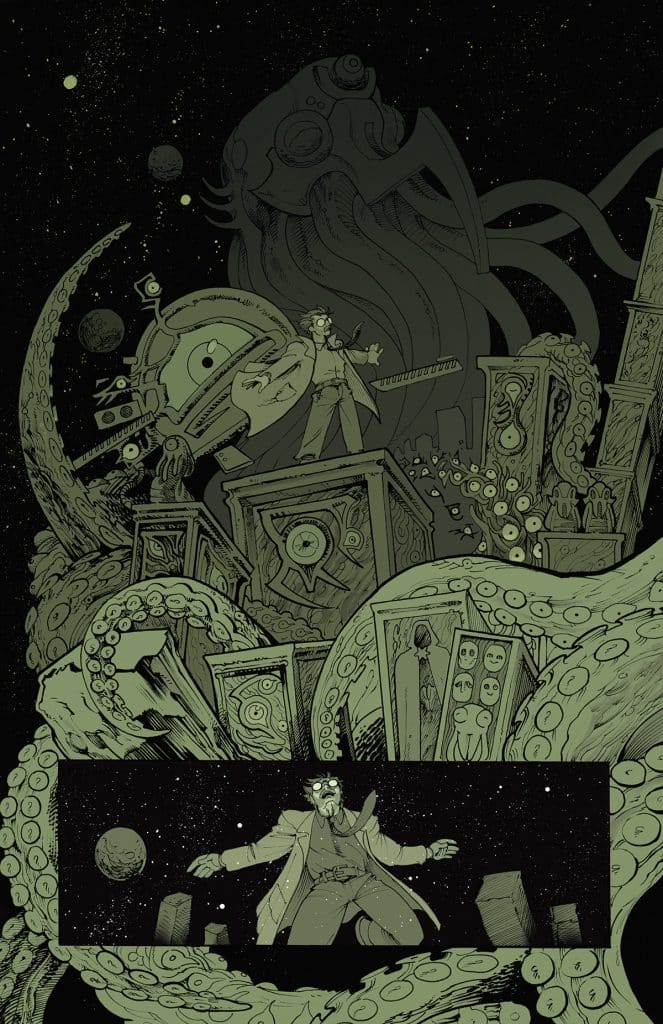 A dark and surreal illustration featuring a character standing on a pile of ancient artifacts surrounded by tentacles, with a large, shadowy creature looming in the background and stars scattered across the cosmos.
