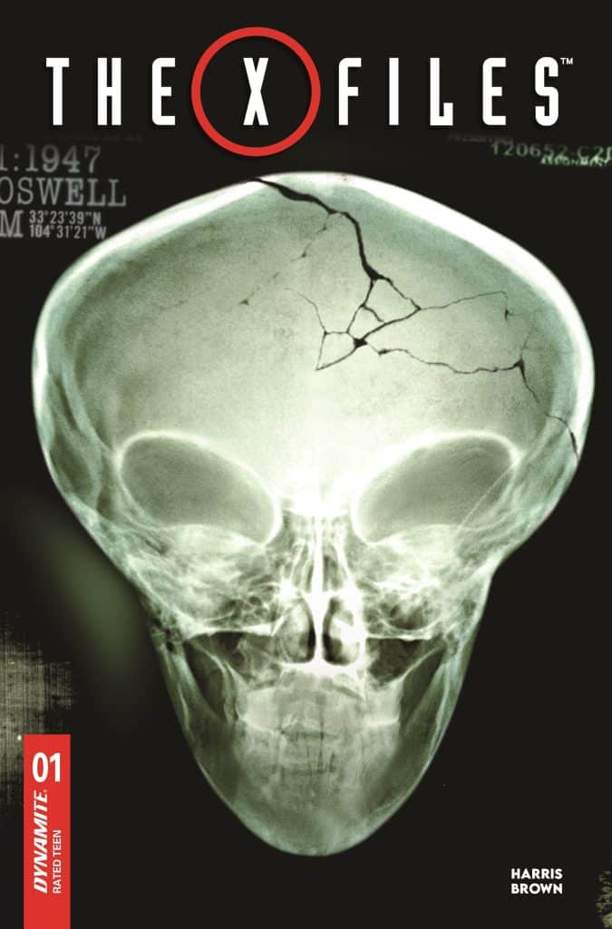 Cover of 'The X-Files' comic book featuring an X-ray image of an alien skull against a dark background.