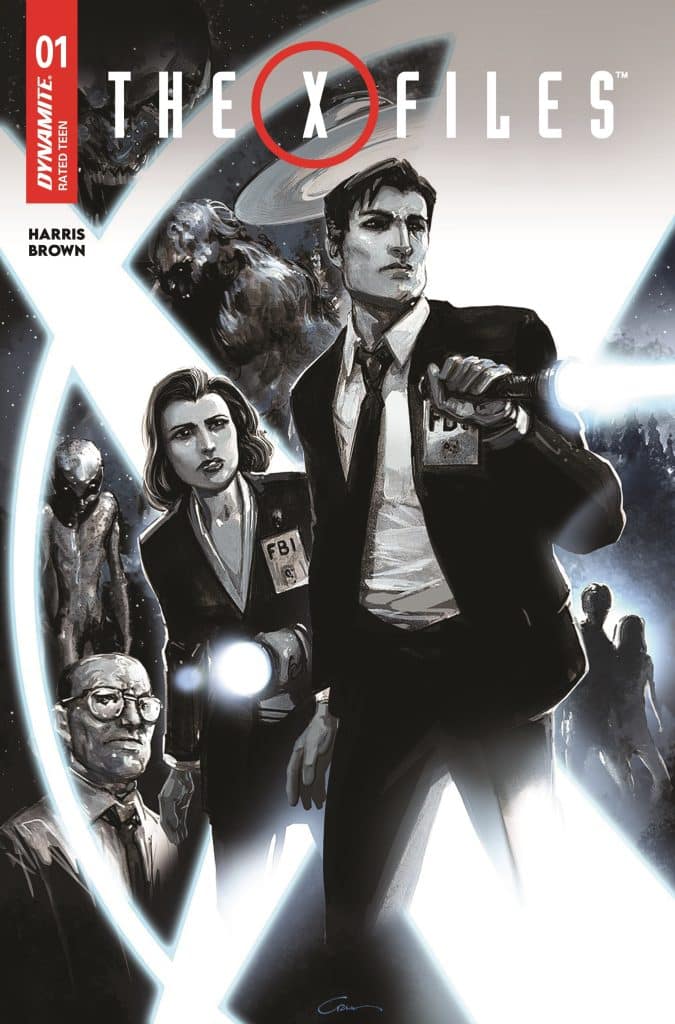 Cover of The X-Files comic featuring two FBI agents, Mulder and Scully, holding flashlights, with dark and mysterious background elements including a figure in glasses and extraterrestrial themes.