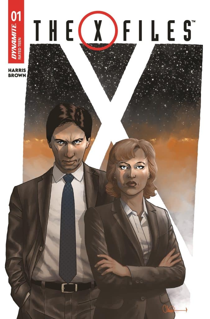 Cover of 'The X-Files' comic issue 01 featuring two main characters, a man and a woman, in formal attire against a backdrop of stars and orange hues.