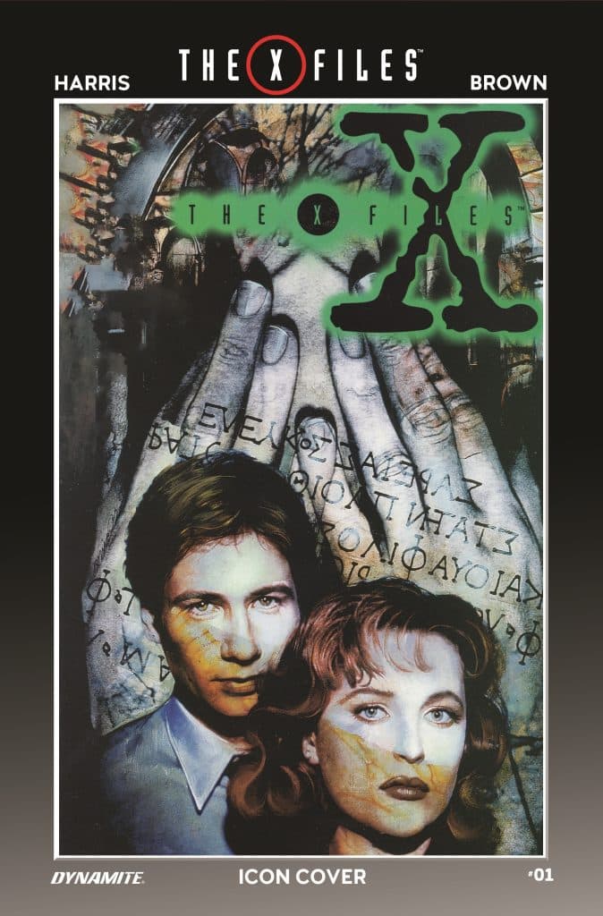 Cover art for The X-Files comic showcasing two central characters with artistic background elements, including a large hand and cryptic symbols.