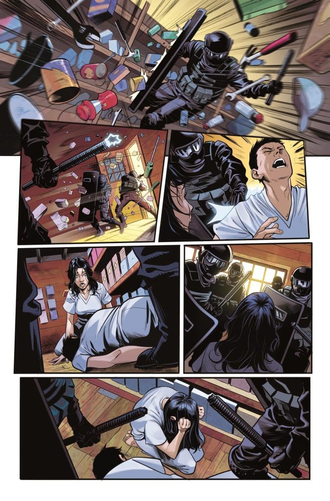 A chaotic scene depicting armed individuals in tactical gear breaking into a room filled with scattered items. A man is depicted shouting in fear, while a woman is shown crouched on the floor, distressed. Tension and urgency are highlighted throughout the comic panels.