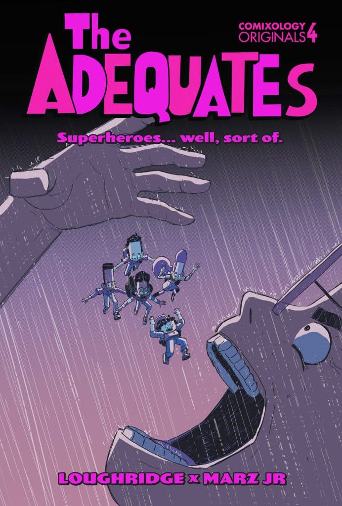 Cover art for 'The Adequates', featuring a giant face with an open mouth and several small superhero figures floating above it. The title is prominently displayed in bold pink text, with a subtitle reading 'Superheroes... well, sort of.'