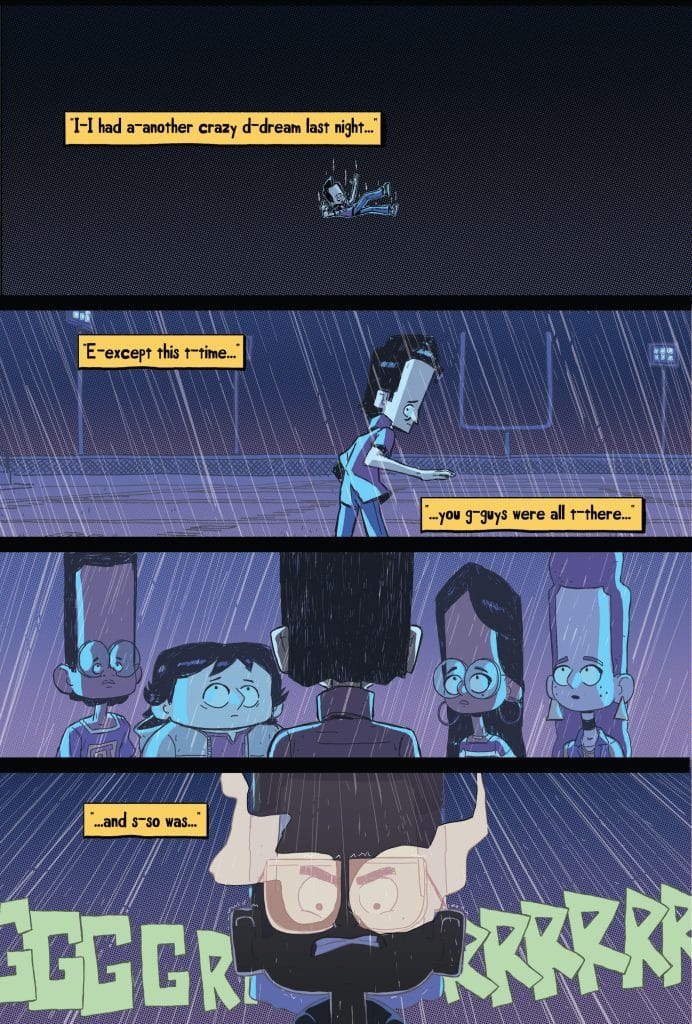 A comic panel depicting characters discussing a strange dream in a rain-soaked setting, with expressive dialogue and illustrations of the characters' reactions.