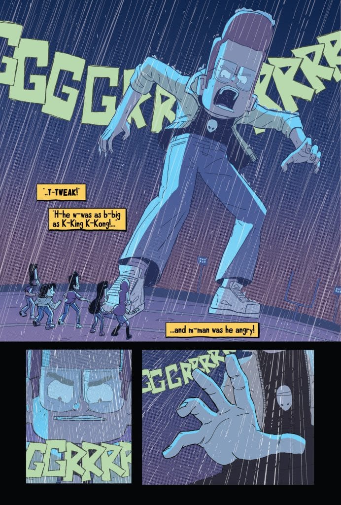 A comic-style illustration of a large, angry character towering over smaller figures in the rain. The character is shouting and has an exaggerated facial expression. Text boxes depict a character narrating the situation.